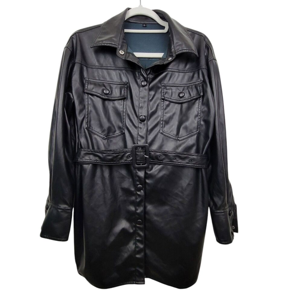 No Brand Shiny Black Faux Leather Oversized Lightweight Jacket W/Belt Size Small